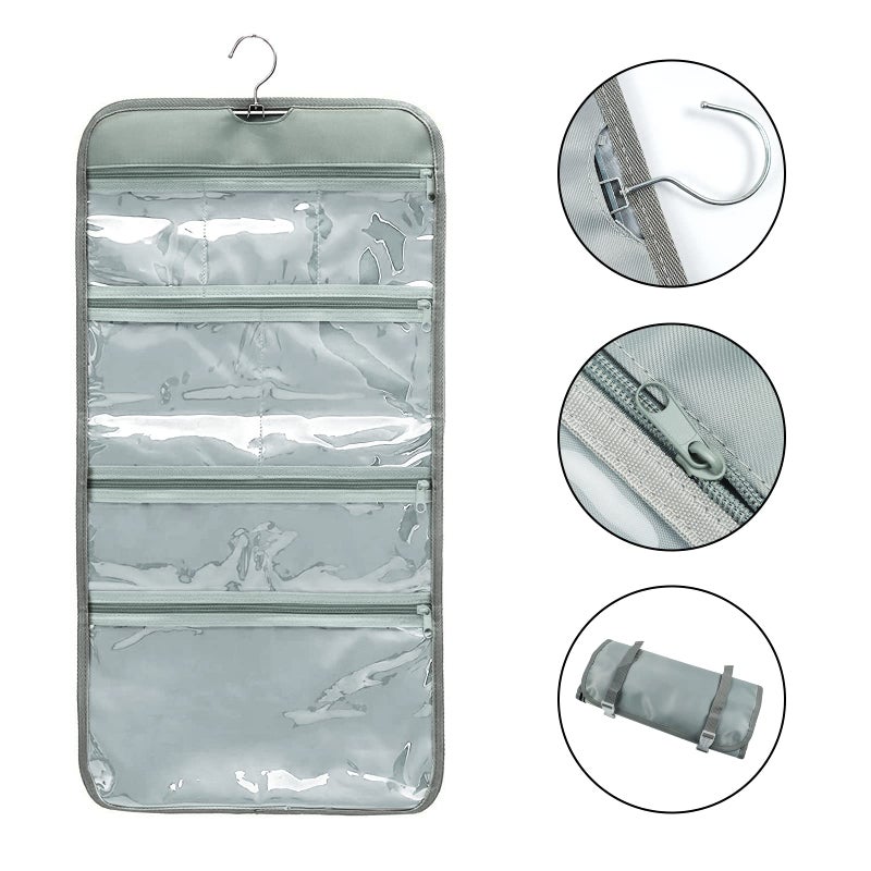 WODISON Foldable Clear Hanging Travel Toiletry Bag Cosmetic Organiser Storage, Grey, One Size - Image 3